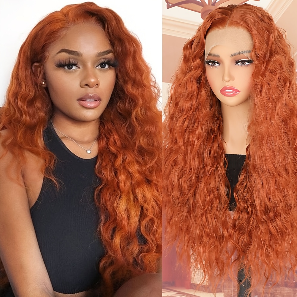 26inch dark orange synthetic lace front wigs women water - Temu display picture 1