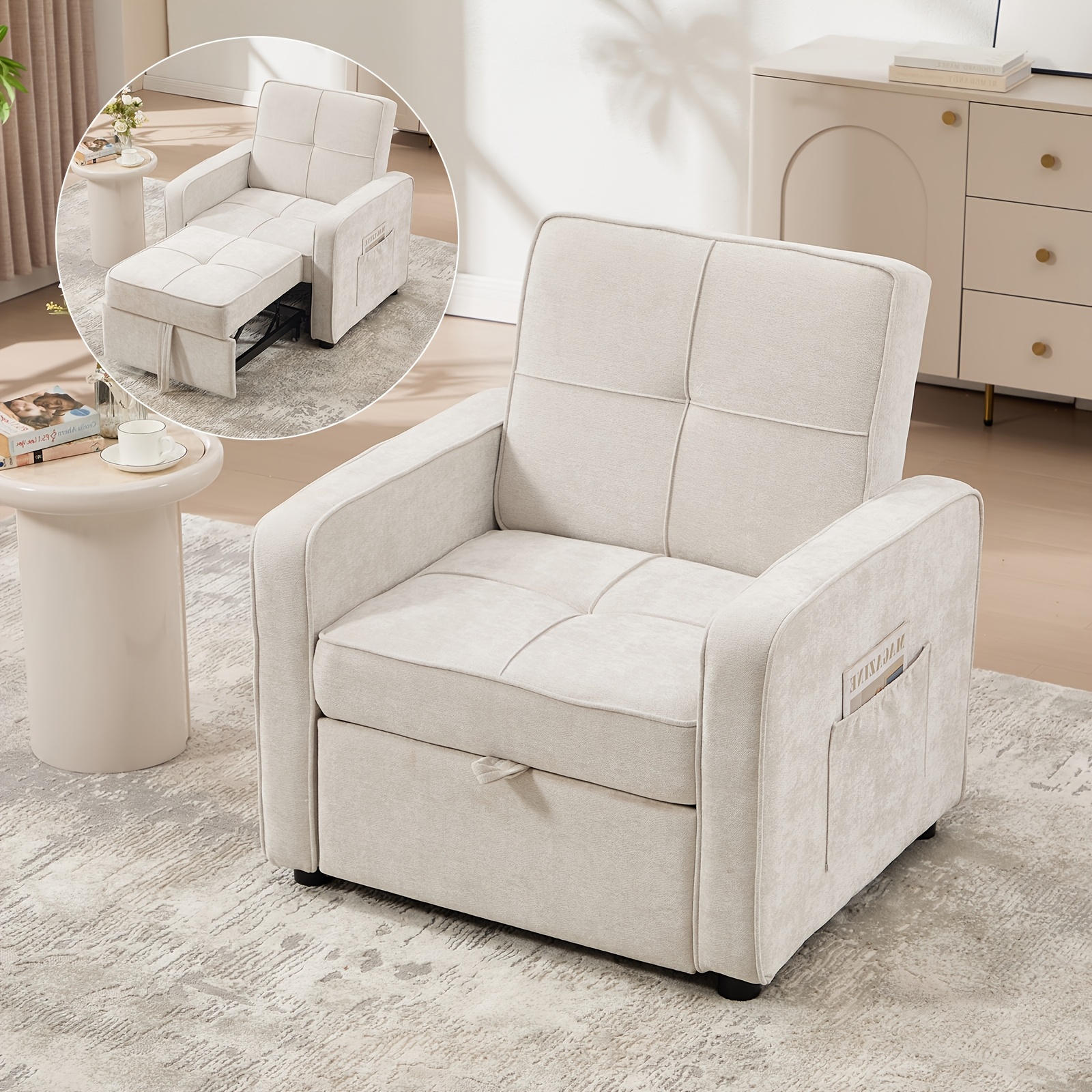 Image of Clouds Are Soft, Living Room Single Chair, Sofa, Sofa Bed, Wide Modern Stretch Sofa Bed With Adjustable Backrest And Storage Pockets (beige, Gray)