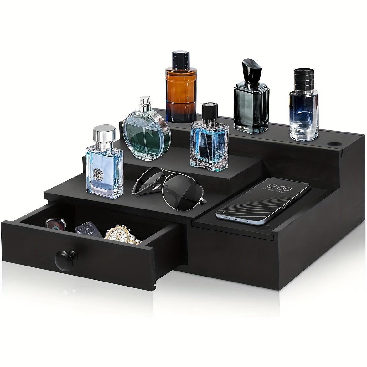 

Cologne Organizer For Men, Wooden Colongne Display Stand Shelf, Perfume Organizer For Dresser, Cologne Stand With Hidden Compartment And Drawer, Cologne Holder Tray Shelf, Fragrance Organizer, Black