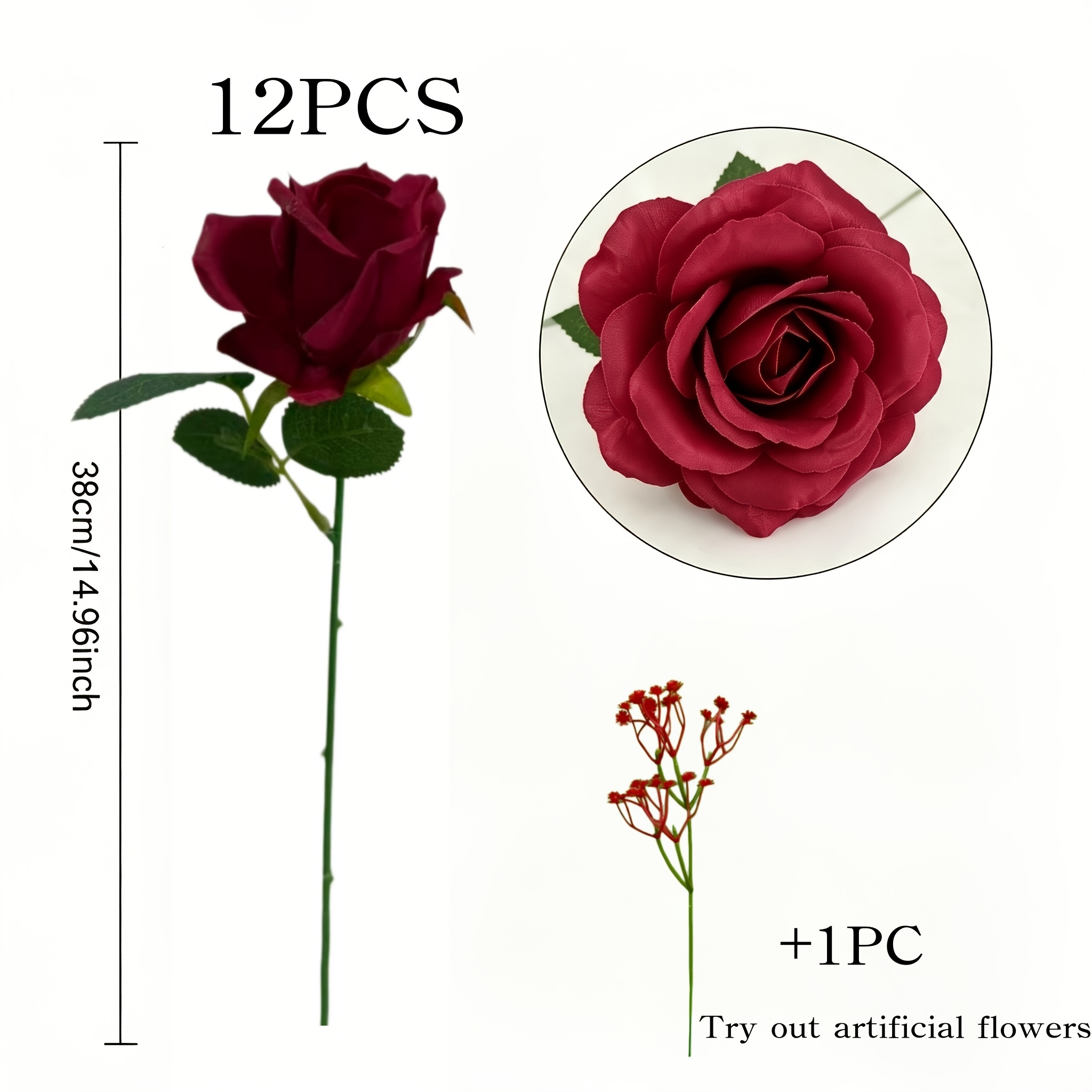 TEMU 12 Realistic Burgundy Wine Red Artificial Rose Bouquet + 1 Red Baby's Breath - Long-lasting Artificial Flowers, Suitable For Weddings,