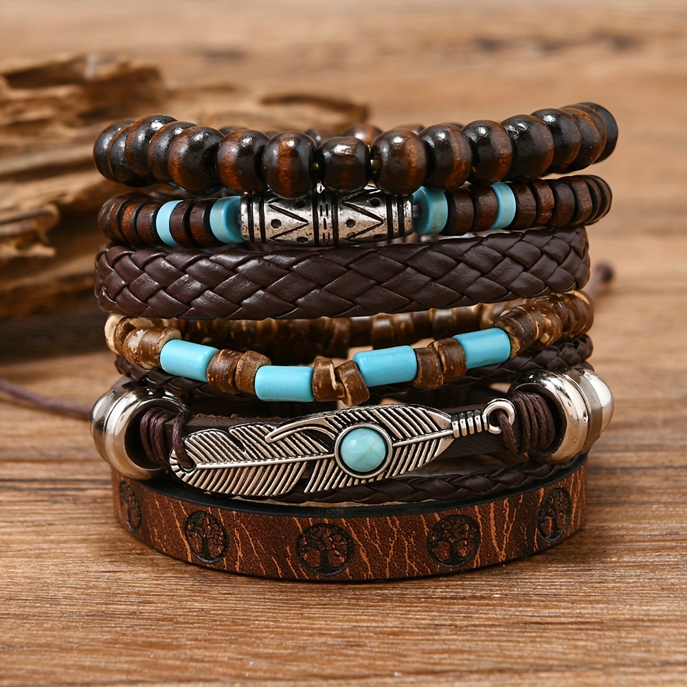 24pcs conjunto de pulseras bohemias de cuero sinttico y  , trenzado multilayer con plumas y charms florales, joyera de moda unisex para uso   3
