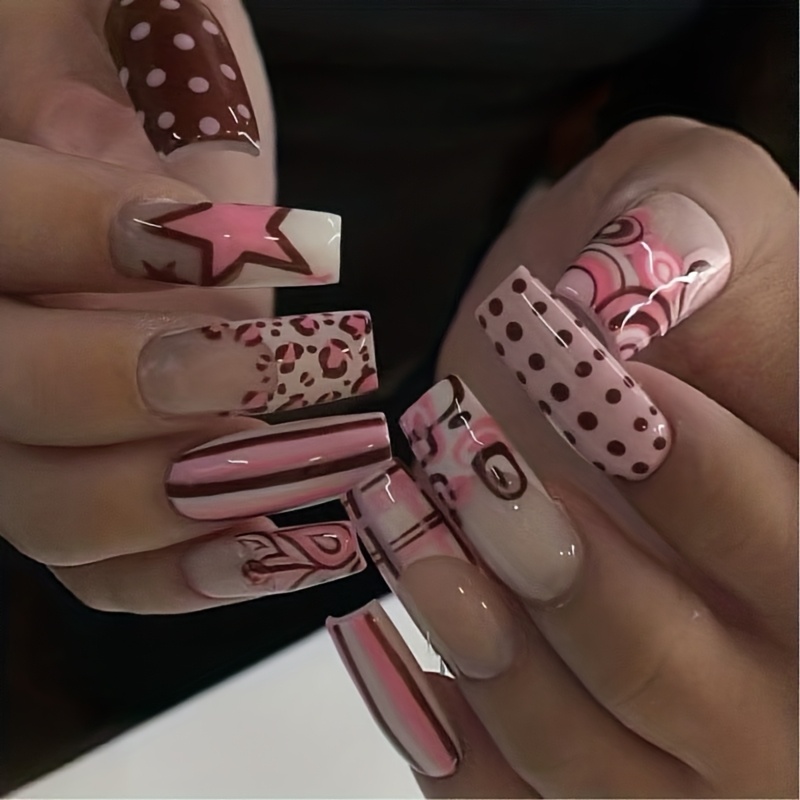 TEMU 24 Nail Pieces Featuring A Pink-brown Palette That Polka Dots, , Stars, And Vintage Patterns, Perfectly A With Style