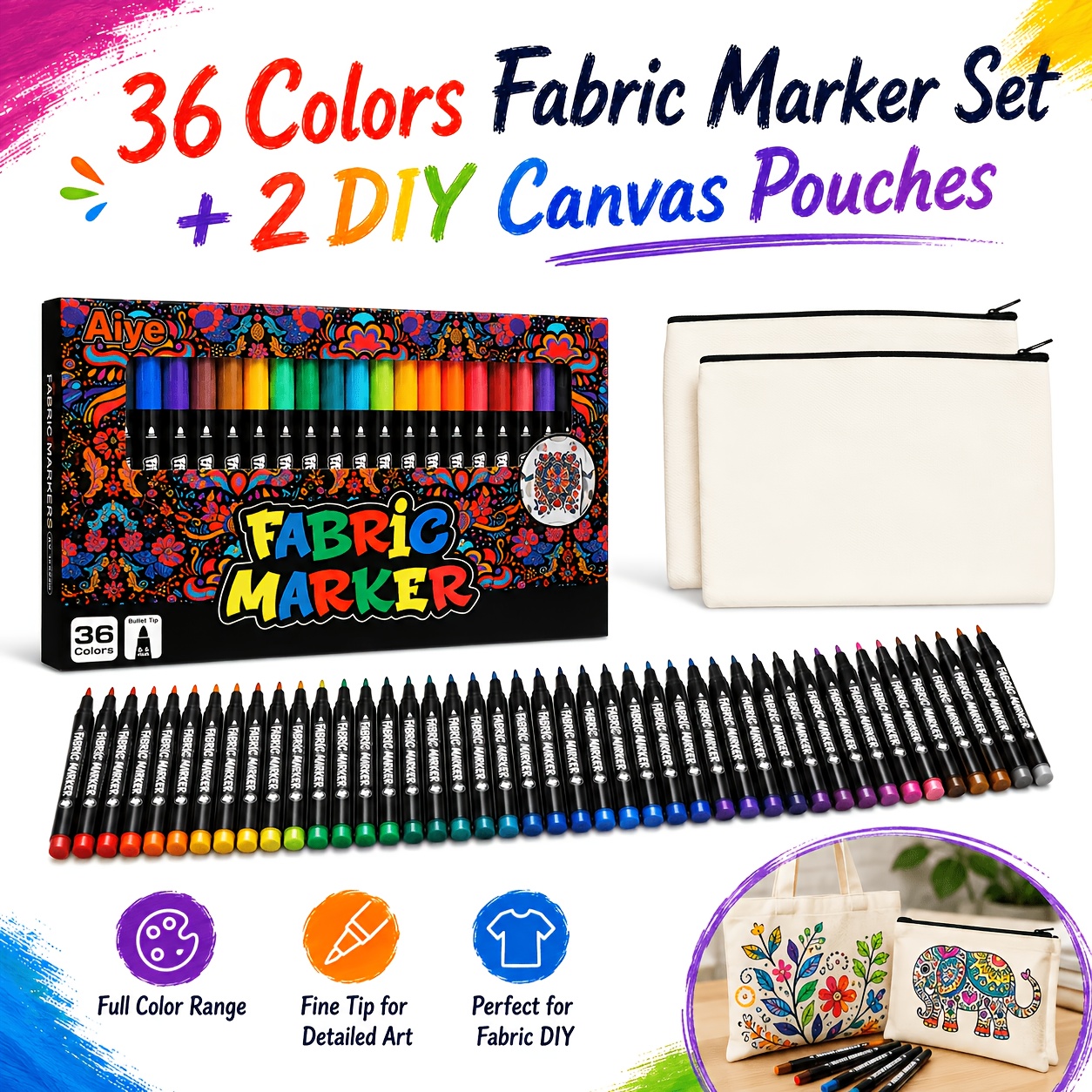 TEMU 12/24/36 Colors Fabric Markers Permanent For Blanket And 2 Pen Cases, T-shirt And Clothing Painting Fabric Permanent Markers, Office Supplies,
