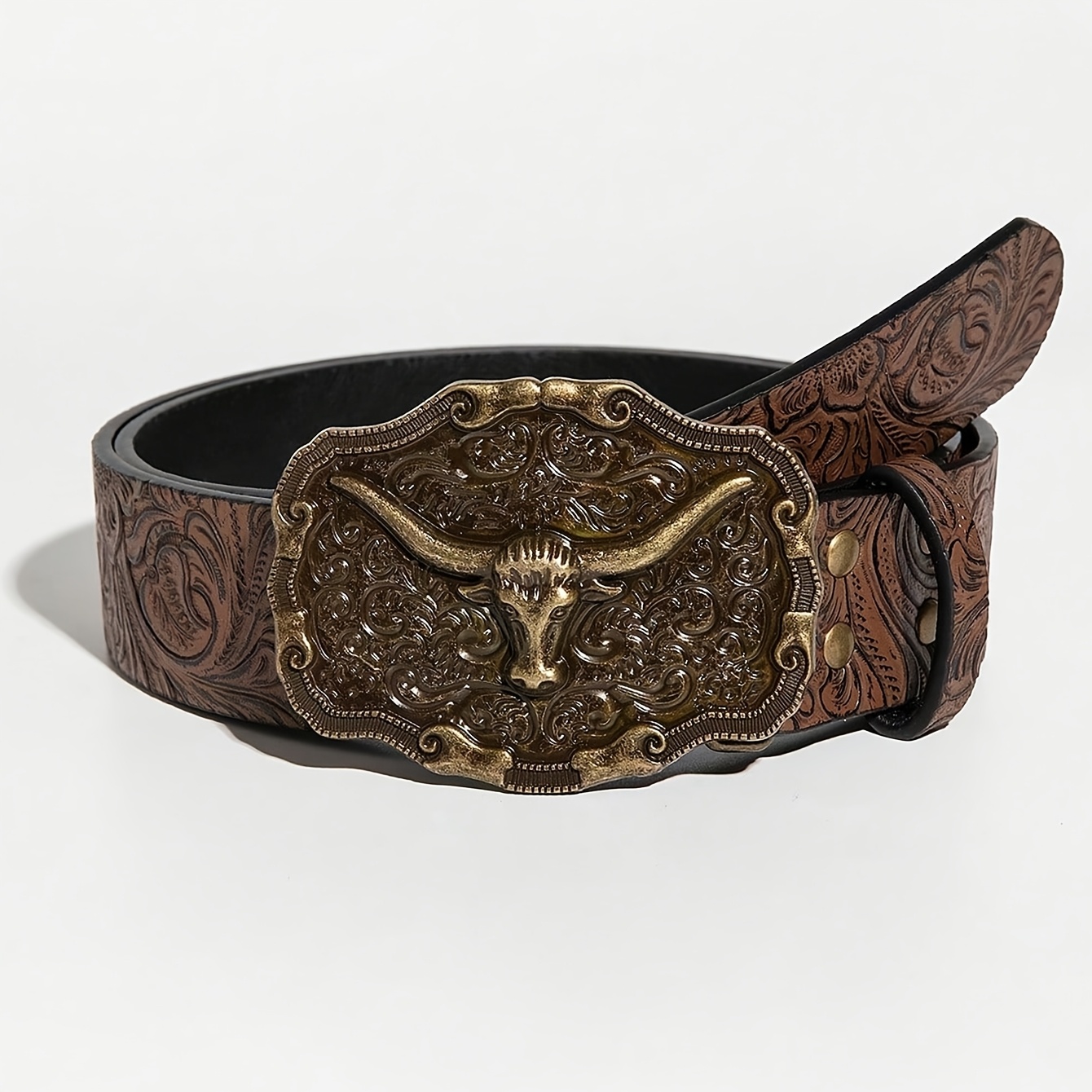 TEMU 1pc Western Cowboy Belt Suitable For Fashion - Large Pu With Embossed Plate, Belt For Casual Outfits, Parties, Western Themed Events & Casual