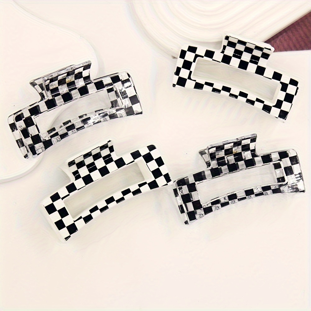 

4pcs Elegant Checkered Hair Clips - Large Non-slip Shark Clips For Women, Fashionable Hollowed-out Rectangular Hair Accessories