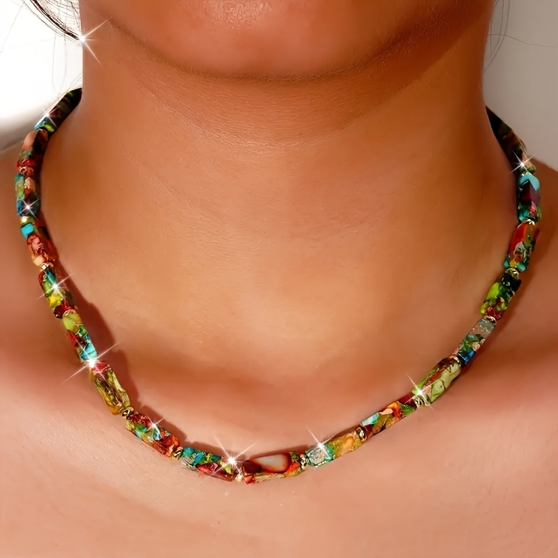 Image of 1pc Natural Green Stone Chain Necklace - Bohemian Retro Multicolor Bead Jewelry For , Daily Wear Valentine's Day Holiday Gift, Versatile Unisex Accessory
