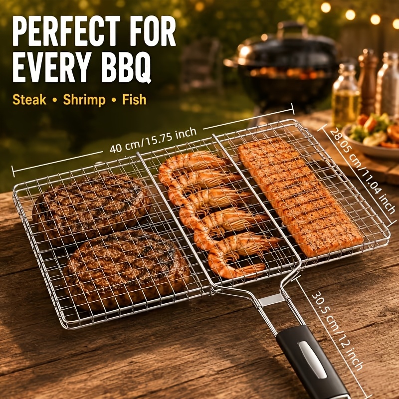 TEMU Portable Stainless Steel Bbq Grill Basket With Long Handle And Locking Design, Grill Rack For Fish, Shrimp, Steak, Vegetables, Outdoor Camping &