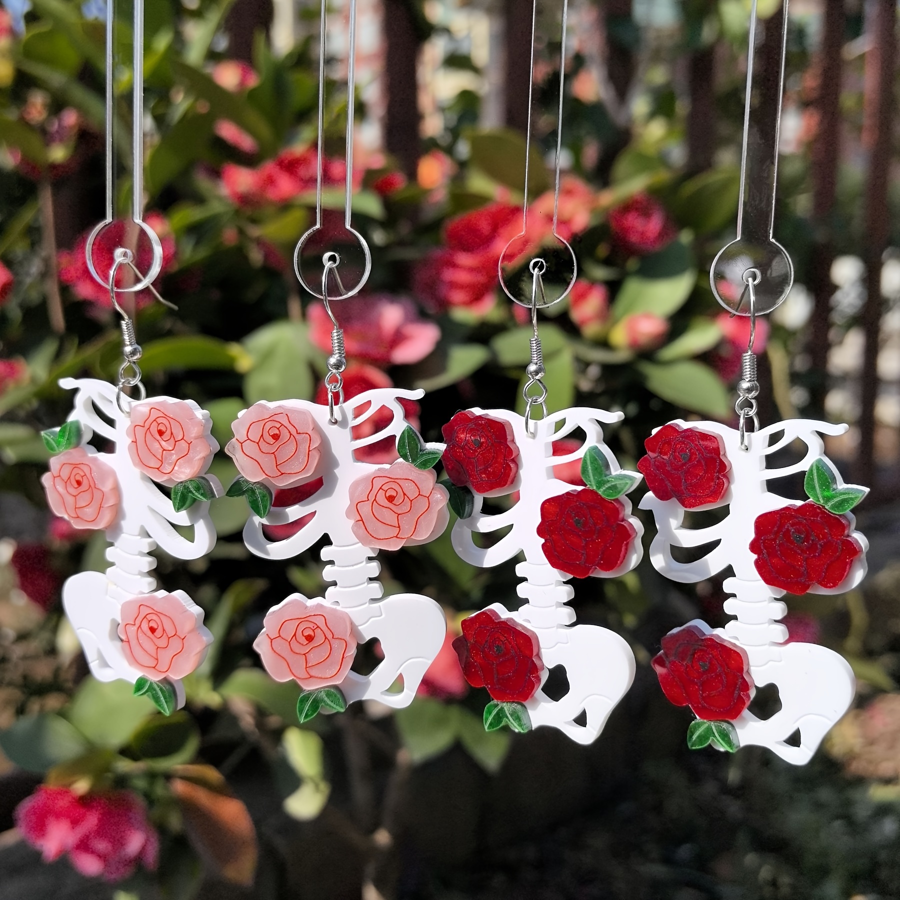 

Valentine's Day Gothic Jewelry Gift - Pink & With White Skull Earrings, Acrylic & Alloy, For Women