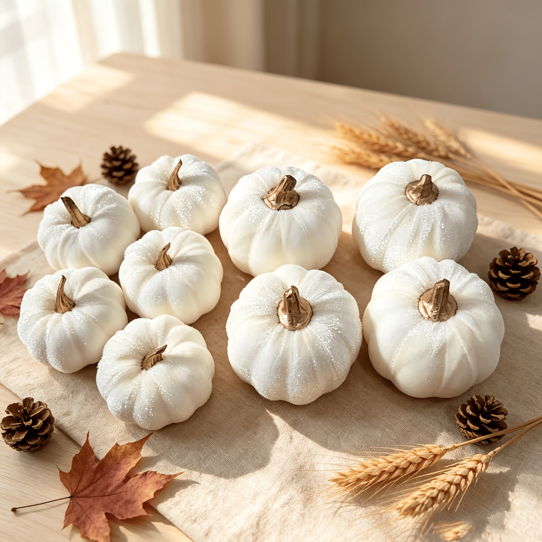 TEMU 9pcs White Artificial Pumpkins, Suitable For Decorations/paintable Pumpkins For Farmhouse Harvest Thanksgiving Mantel Table Centerpiece Autumn