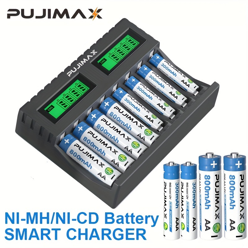 Cargador Inteligente LCD PUJIMAX de 8 Ranuras para Baterías AA y AAA de 1.2V, No Cargue Baterías Desechables ni Baterías de 1.5V