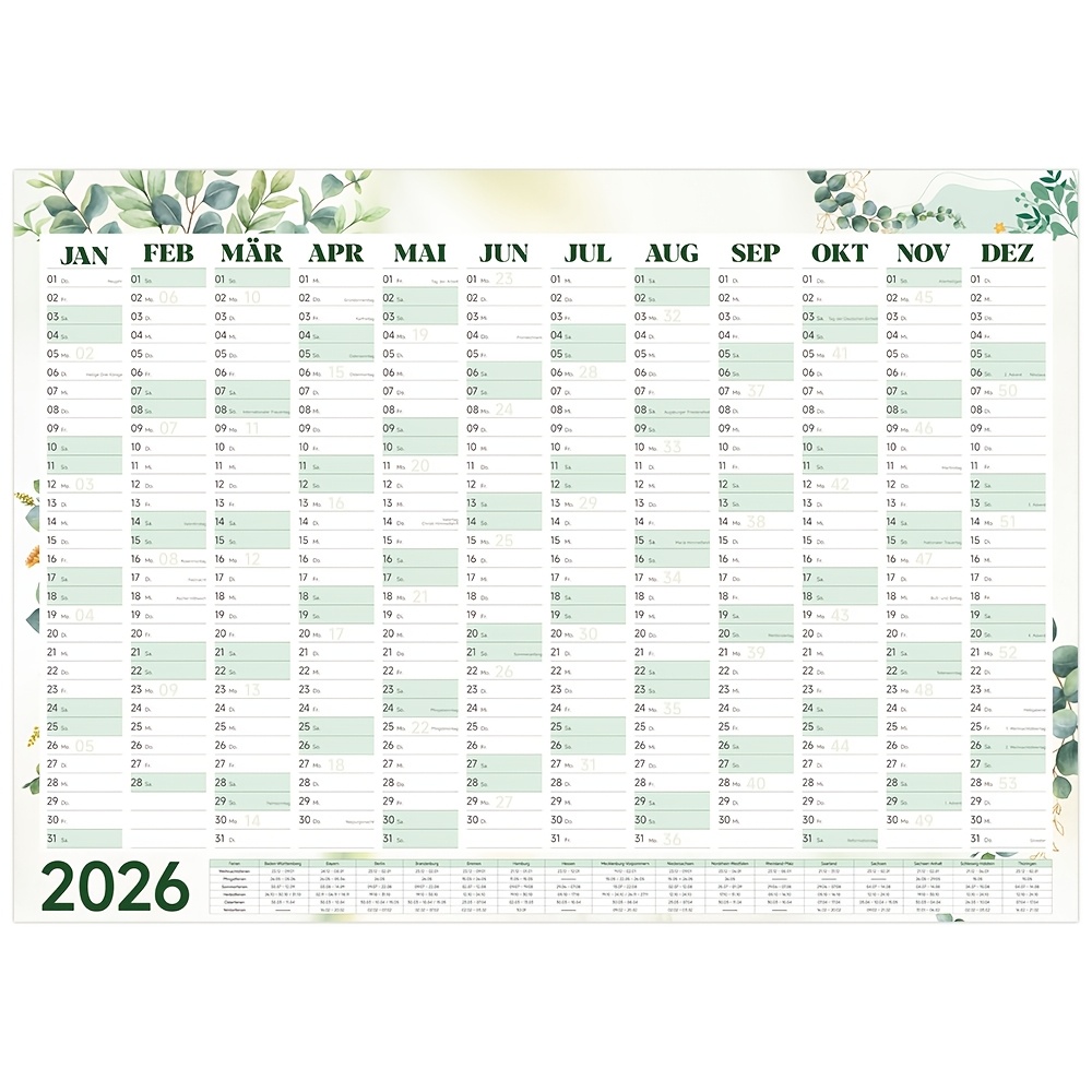 E-shop Wandplaner im Portraitformat 2026 A1 Wandkalender Planer gefaltet mit 12 Monate Kalender 2026 Wandplaner mit Deutschland Feiertage Schulferien