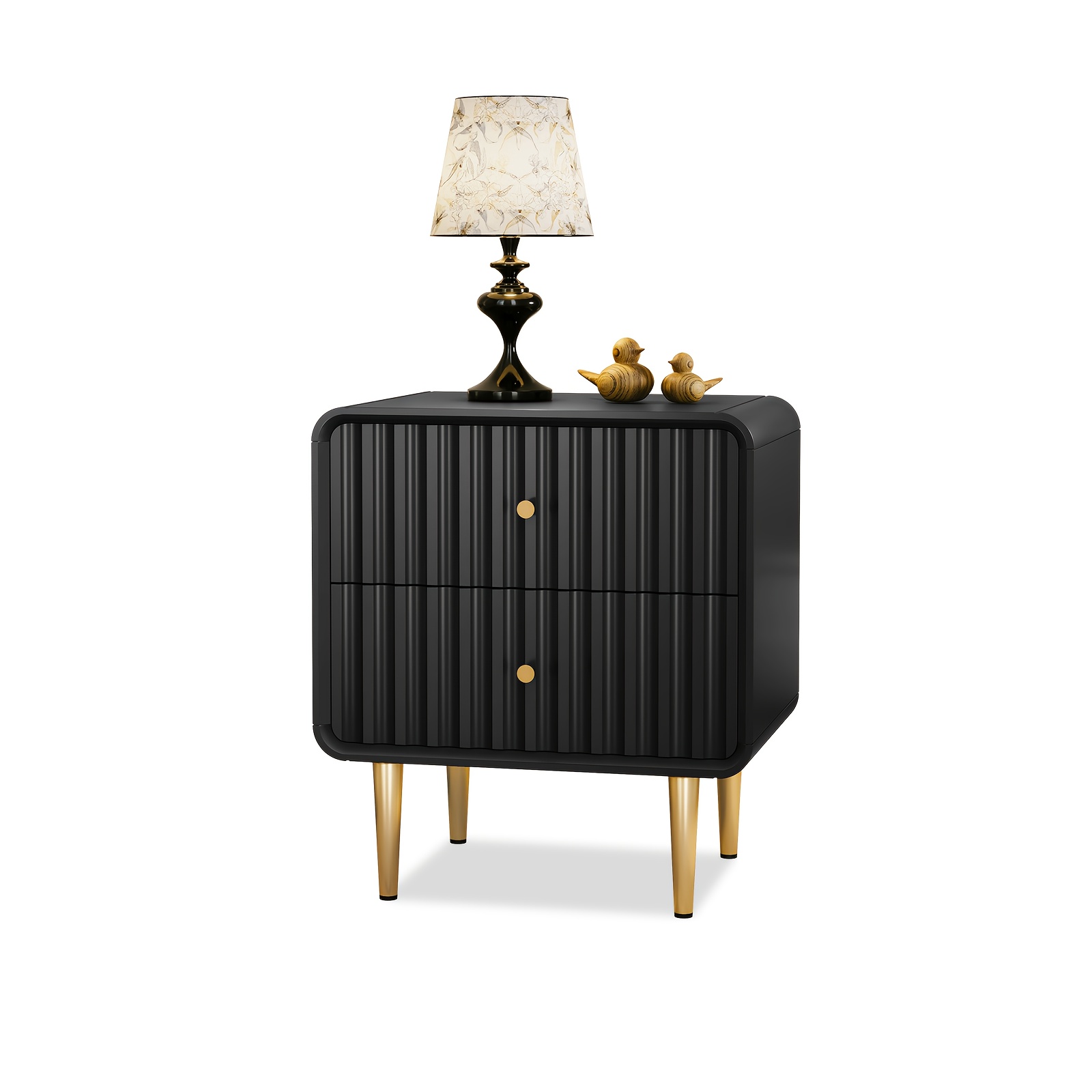 Night Stand, Modern Nightstand With Fluted Panel, Bedside Table With 2 Drawers, Wood End Table With Golden Leg, Nightstands For Bedroom