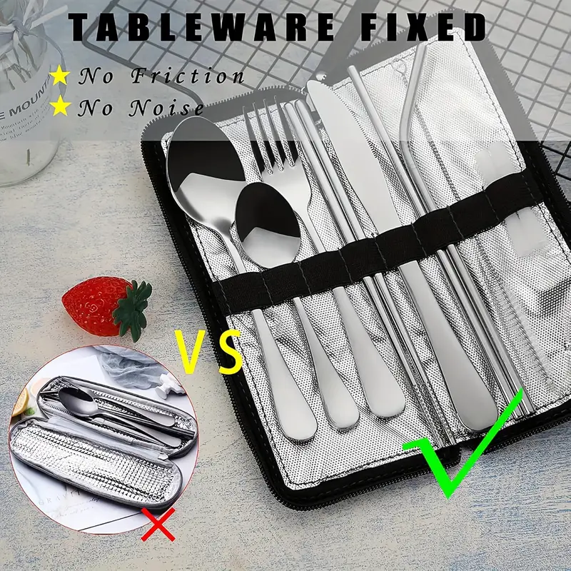 portable travel cutlery reusable cutlery with fixed cutlery box including chopsticks straws knives forks spoons straw brushes 9pcs stainless steel cutlery set black golden silvery Product details 10