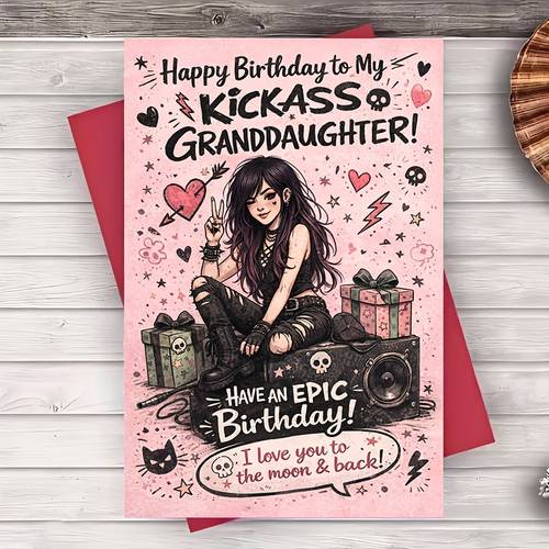 a birthday card with a goth punk theme featuring hearts and ideal for a granddaughter grandparents its a fun and greeting a for party gift