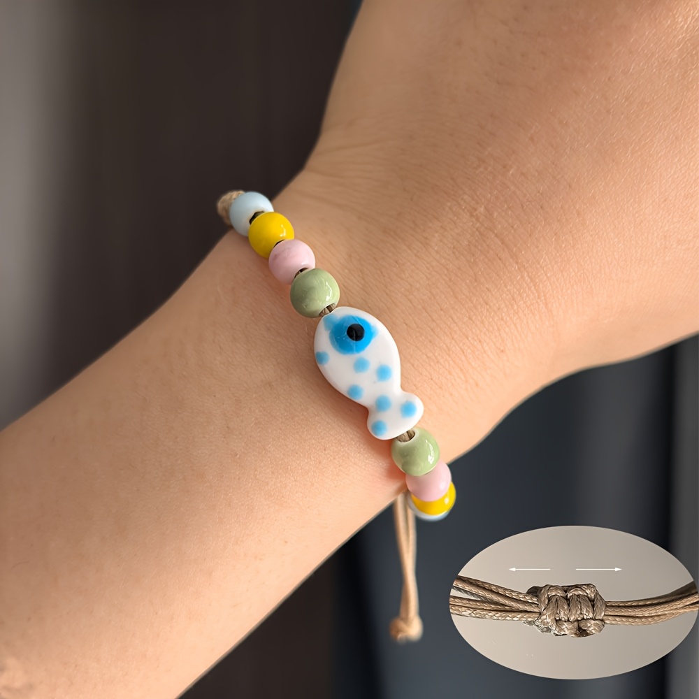 Adjustable Ceramic Fish Charm Bracelet with Colorful Beads