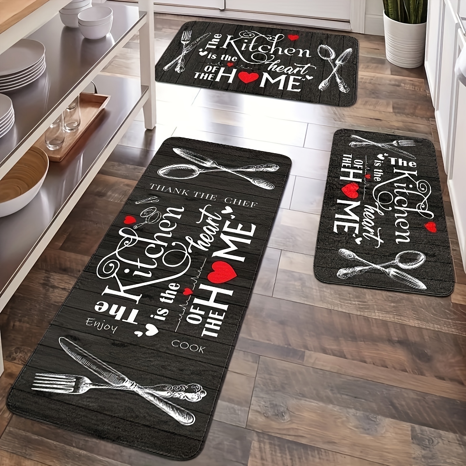 TEMU 3pcs Modern Kitchen Rug Set, Black Farmhouse Decor Pattern, Suitable For Holiday Decoration, Kitchen Rug, Soft And Comfortable, For Bedroom,
