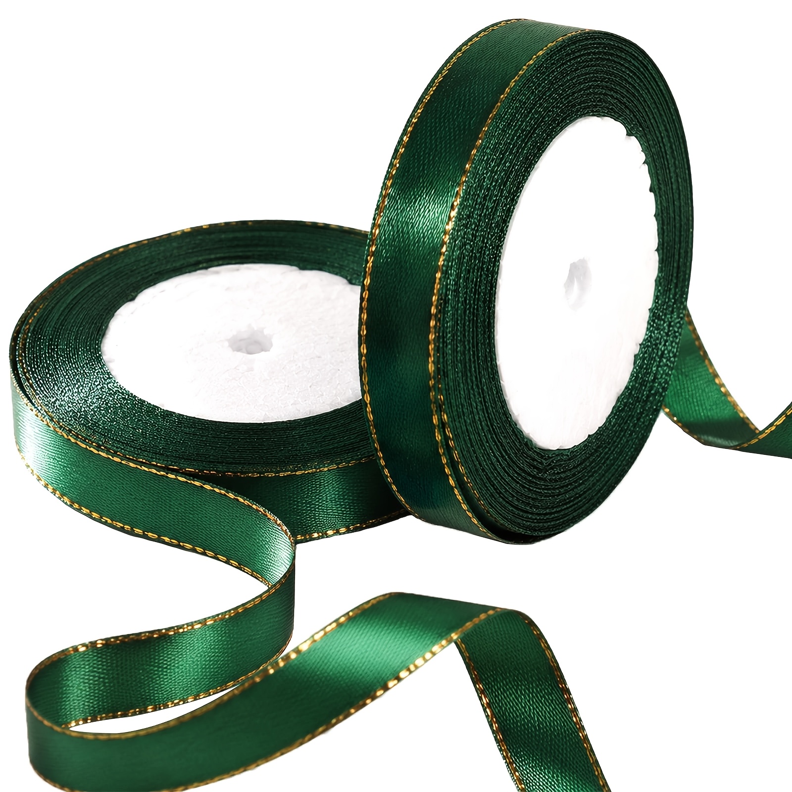 TEMU 50 Yards de Ruban de Satin Vert Foncé de 3/8 Pouce avec Bords Dorés pour l'Artisanat, de Tissu avec Bordure Dorée, Ruban de Tissu pour Nœuds de