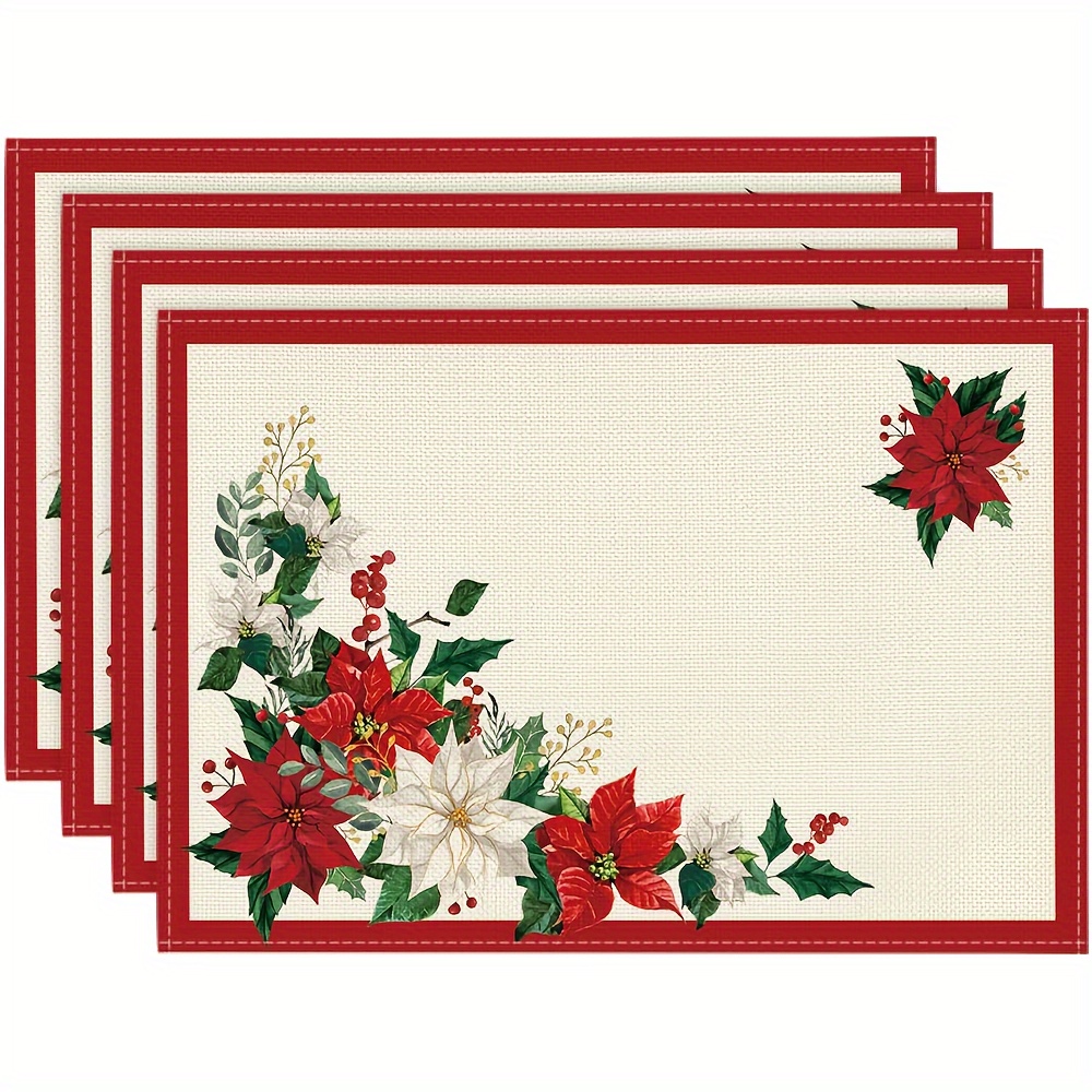 

4pcs Leaves Poinsettia Christmas Placemats Set Of 4, 12x18 Inch Seasonal Winter Table Mats For Party Kitchen Dining Decoration