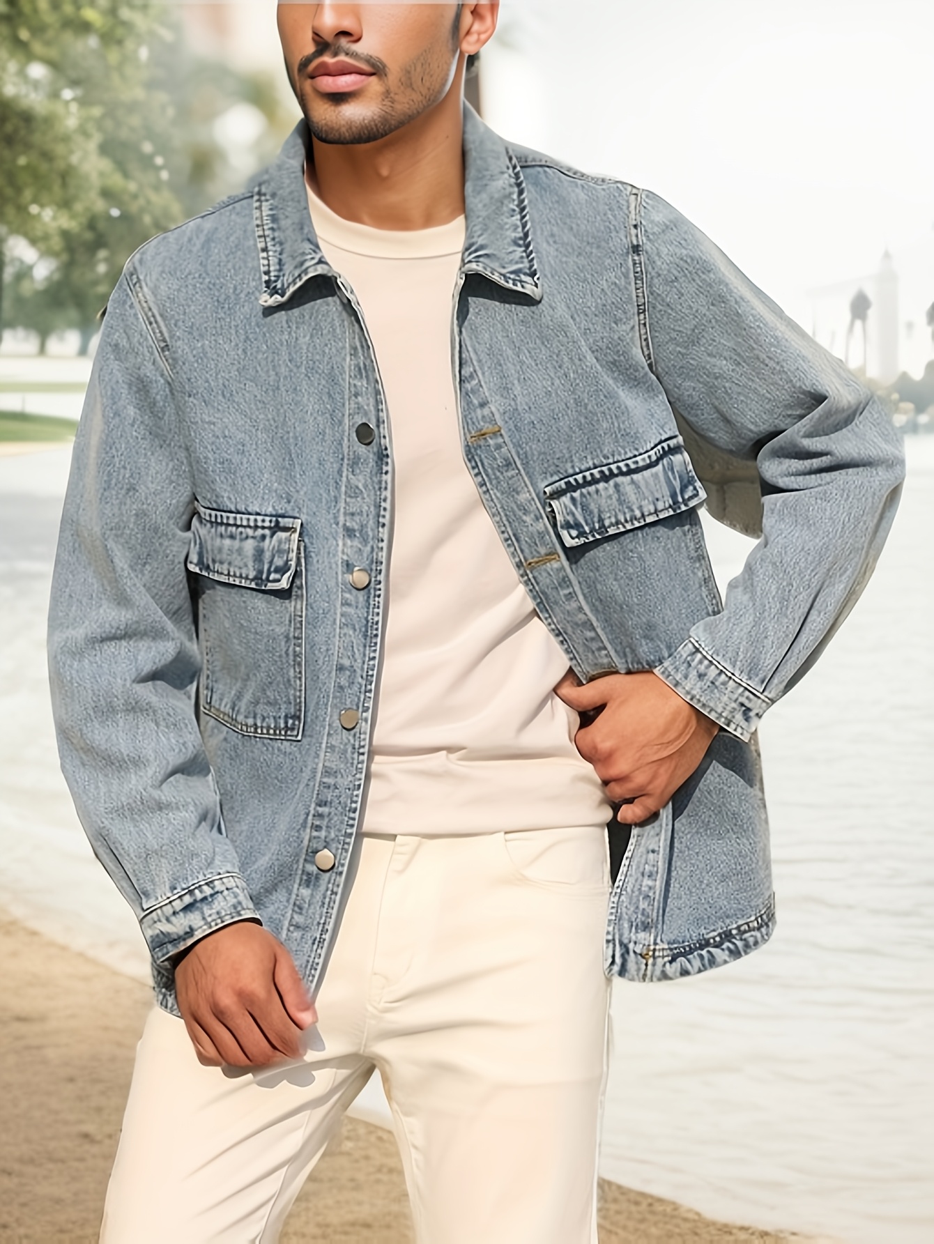 spring autumn mens length denim jacket unisex style - Temu Germany