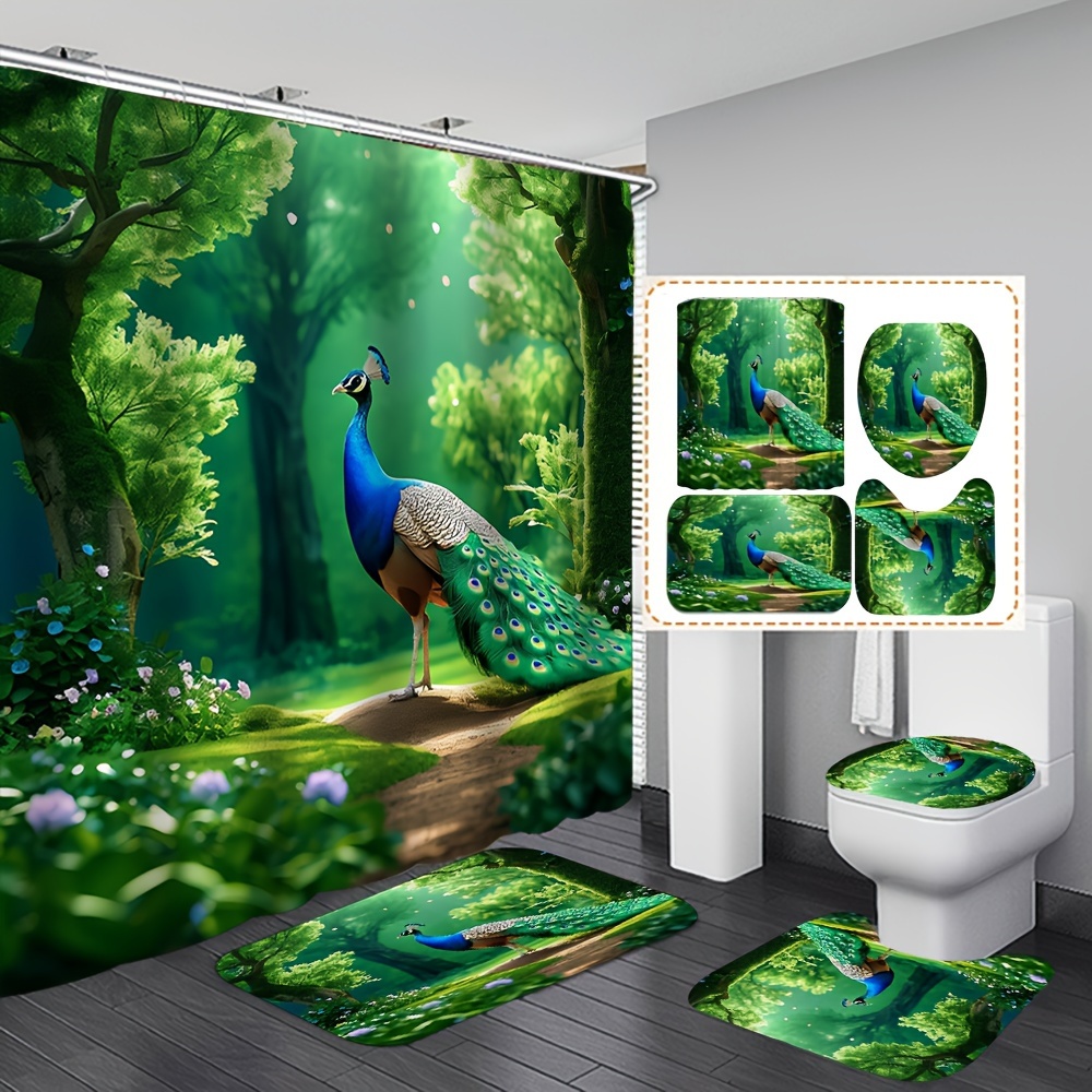 

Peacock Forest Shower Curtain Set With Non-slip Bath Rug, U-shape Mat, Toilet Lid Cover, And 12 Hooks – Elegant Cartoon Themed Polyester Bathroom Decor – Twill Weave, Tab Top, Washable, All-season