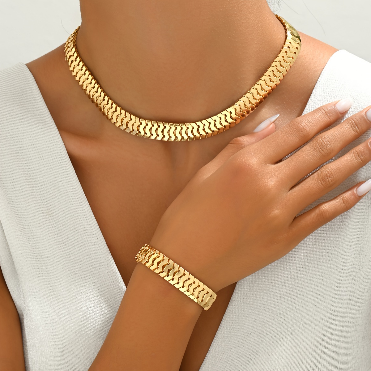 

Gold-tone Fashion Necklace And Bracelet Set - 2pcs Chain Jewelry Set, No Mosaic, For All