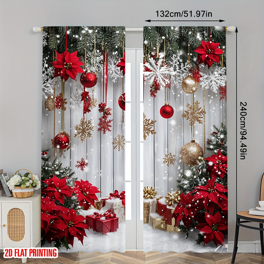 TEMU 2D Plat - 2D Plat - 2D Plat, Rideaux 2 pièces Noël Neige Décor Imprimé Chic, Installation à Passe-Tringle, Parfait pour Salle d'Étude, Bureau