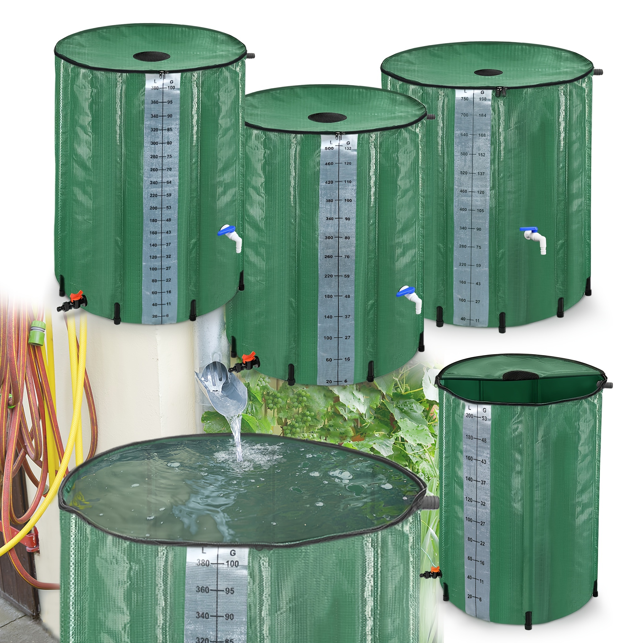 

Lars360 200/380/500 Litre Foldable Rain Barrel Rainwater Tank Rainwater Barrel Water Collection Container With Drain Valve And Additional Scale For Precise Water Level Garden Watering, Green