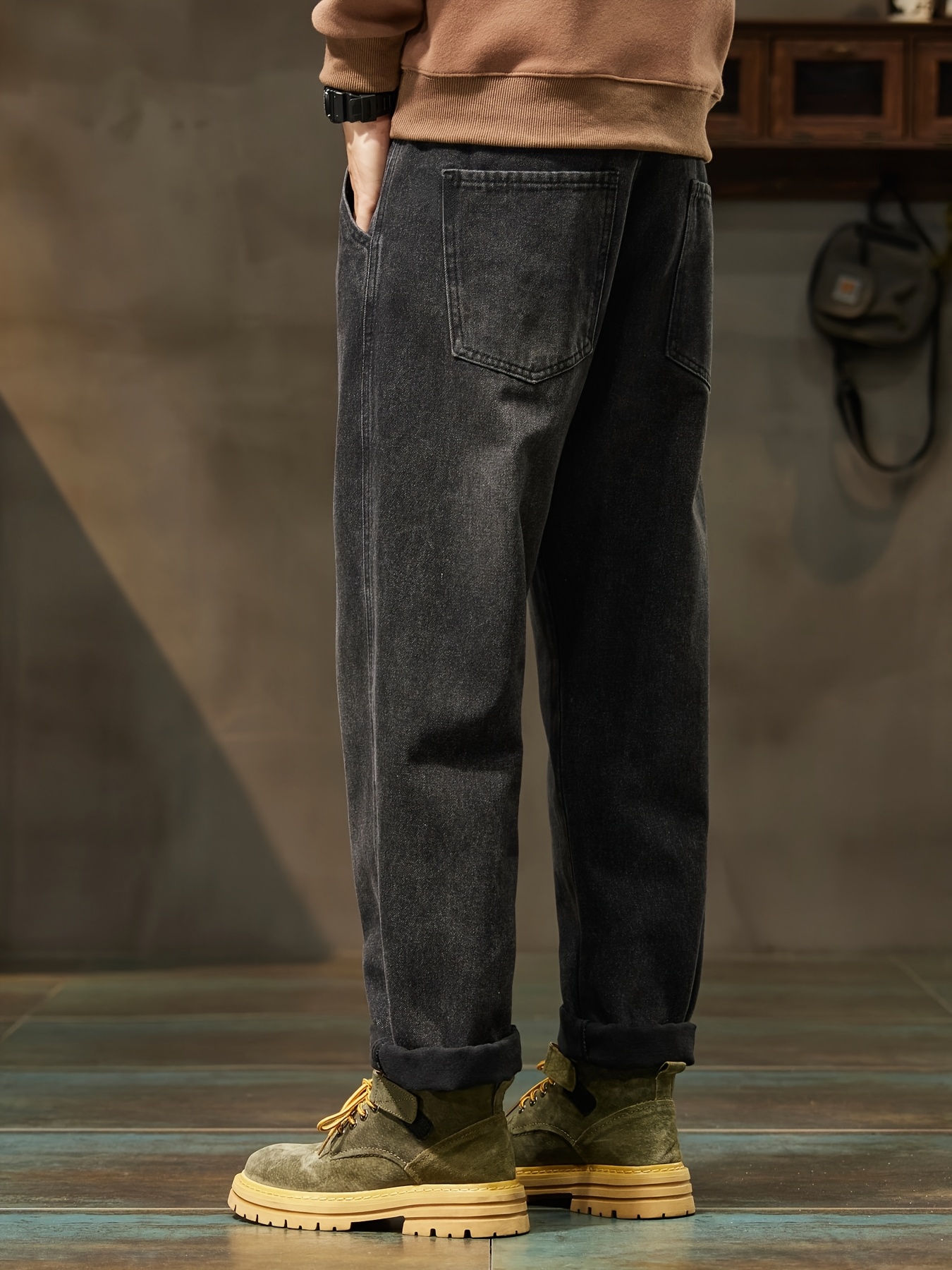 Men's High-Waist Loose Fit Black Denim Jeans - Straight Leg, Casual Street Style, Comfortable & Versatile for Casual Attire, Straight Leg Jeans, Highwaisted Pants, Trendy Streetwear, Washed Texture Denim, Solid Color Design