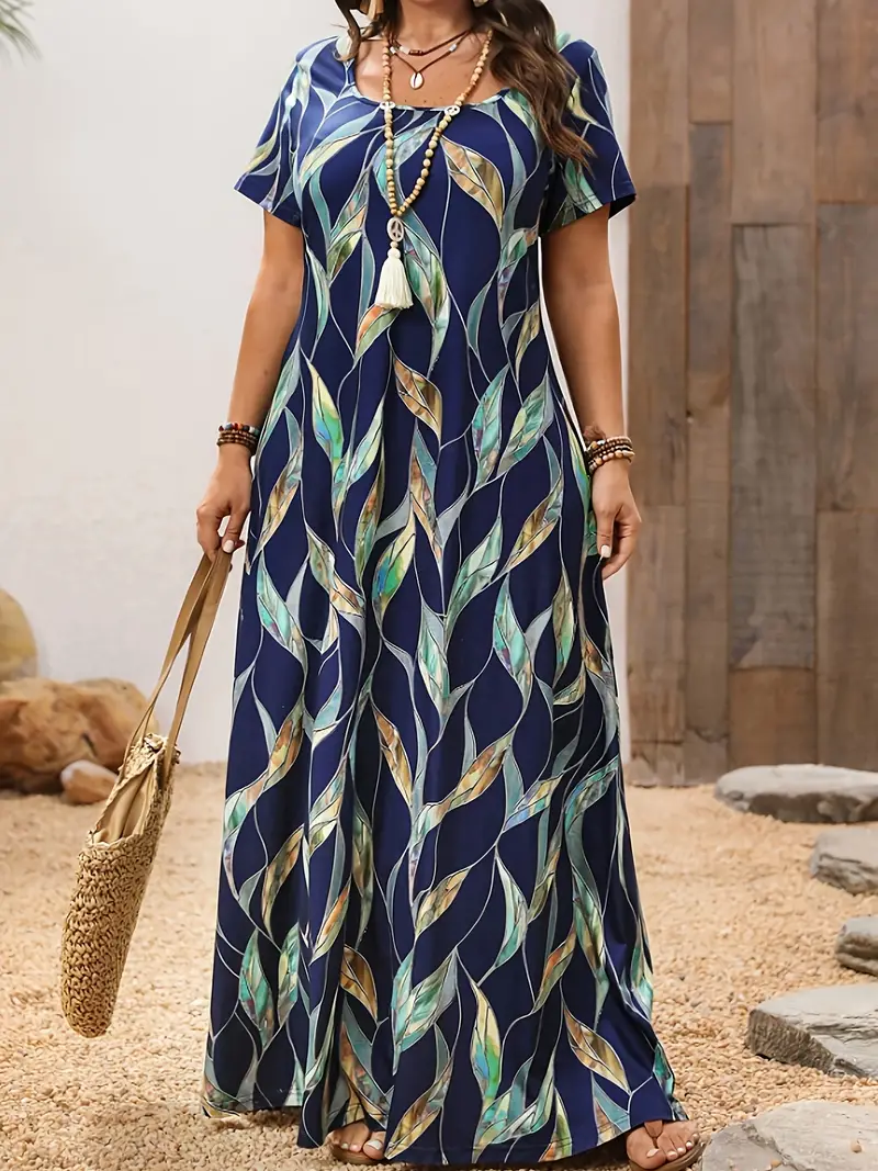 plus size womens summer knit dress elegant blue green leaf - Temu plus size womens summer knit dress elegant blue green leaf - Temu