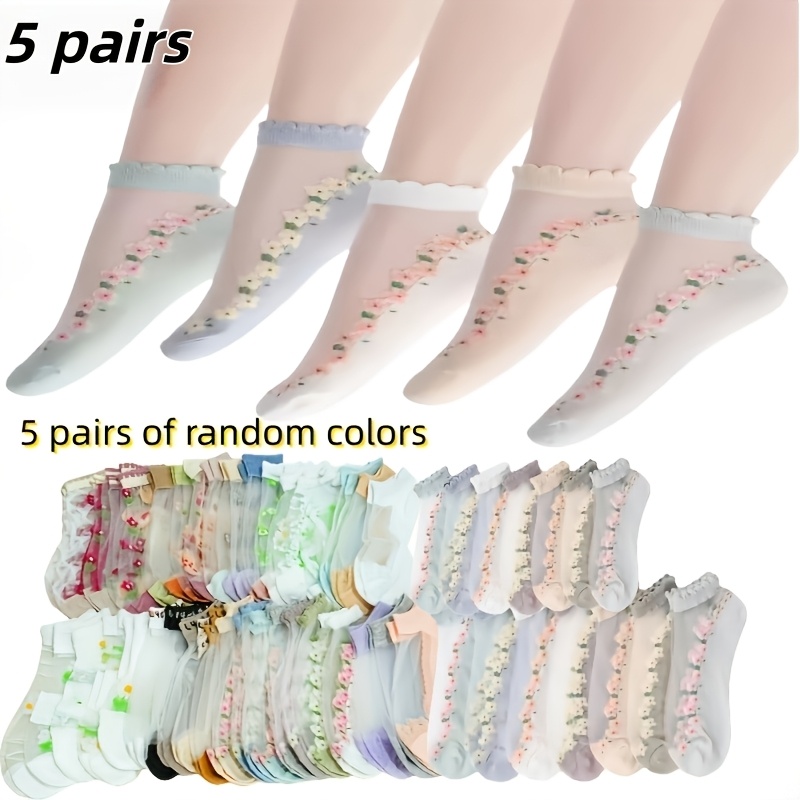 E-shop 5 Paar zufällig sortierte modische bedruckte atmungsaktive Kurzsocken für Damen – Bequeme Knöchelsocken für Frühling, Sommer Herbst, vielseitig