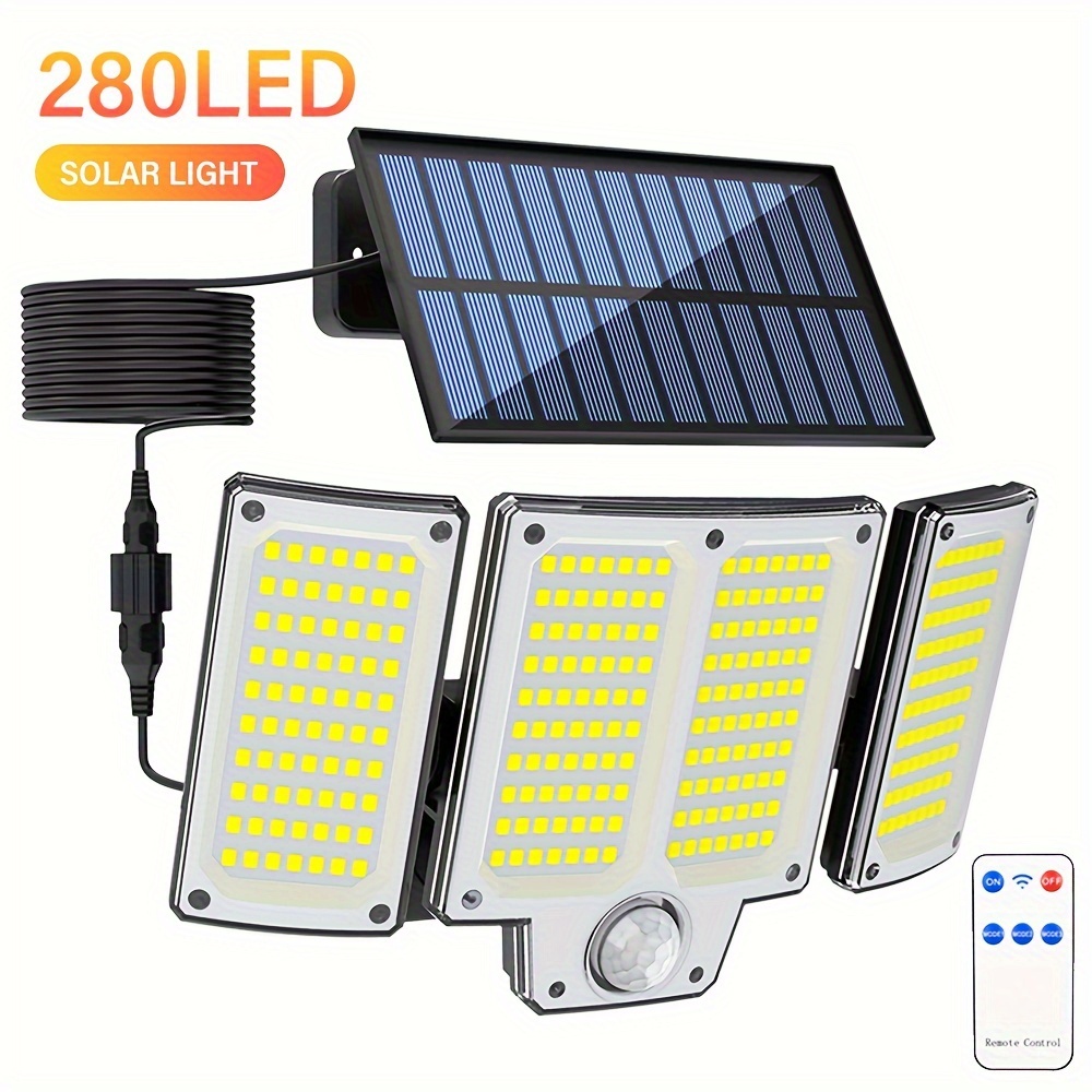 

1pc 280 Led Outdoor Solar Light With Motion Sensor Solar Security Light With Remote Control 3 Modes, 3-head Solar Floodlight With Extension Cable For Yard, Garage, Porch, Courtyard