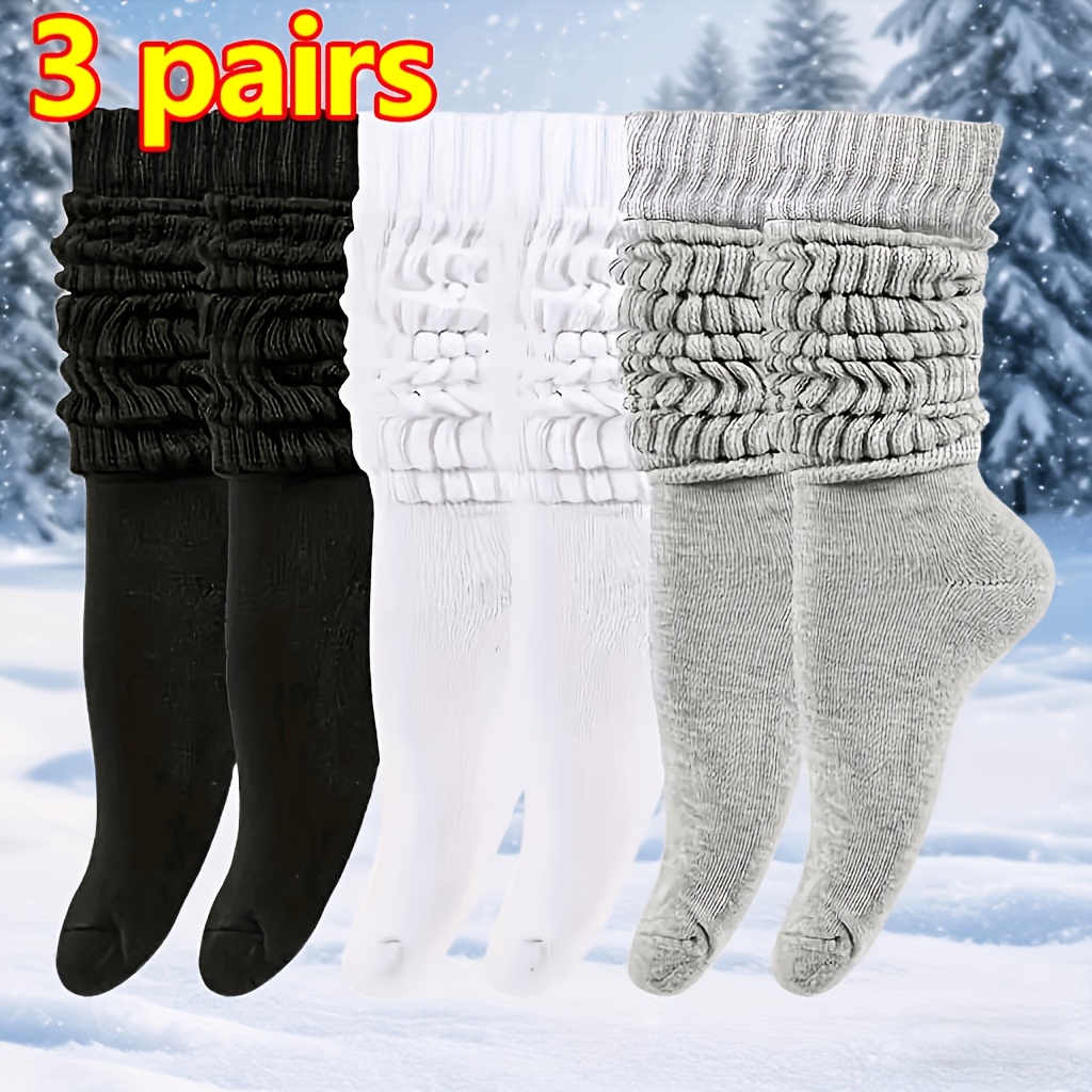 TEMU 3 Pairs Women's Thermal Winter Socks - Adjustable Length Boots With Round Neck, Solid Color Warm Bootsuitable For Sports, Casual & Casual Attire