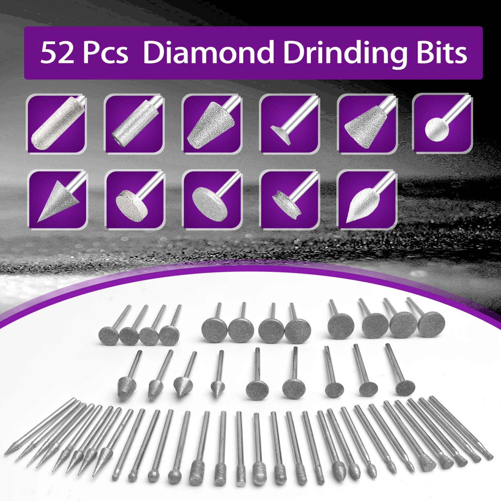 Image of 52pcs For Stone Carving Set Diamond Grinding Bit, Polishing Kit Diamond Bits 1/8" (3mm) Shank Additions For Ceramics Carving, Polishing, Grinding