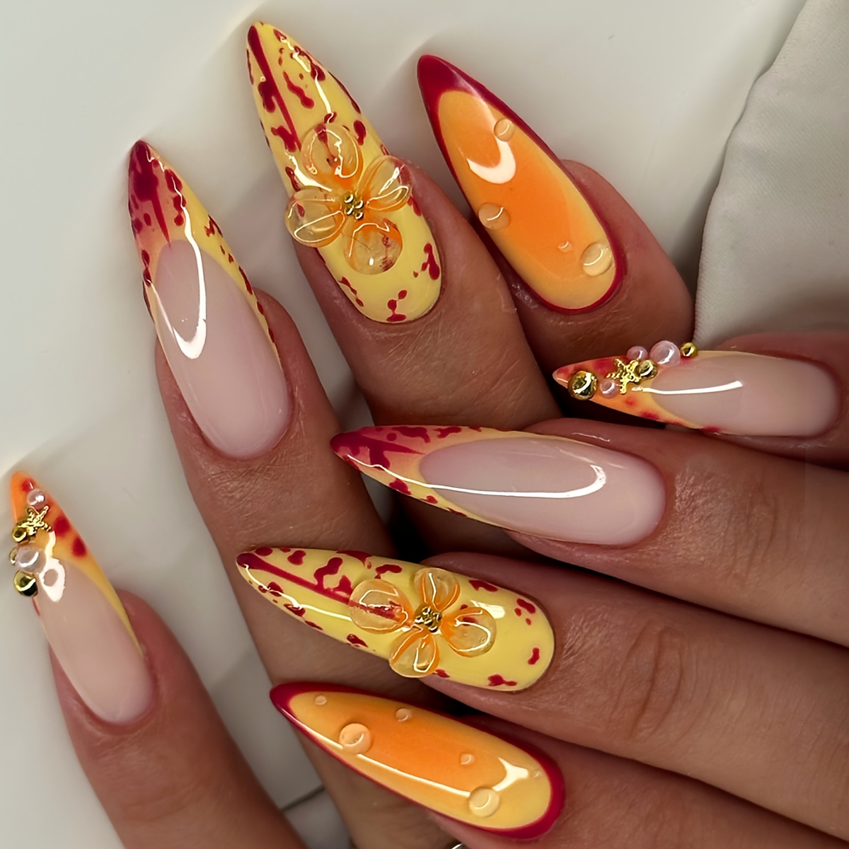 E-shop 24 Stück lange spitze Press-on-Nägel, schöne Herbstnägel, Sonnenuntergang-Orange-Farbverlauf, knallrotes Polka-Dot-Gestreiftes Design, 3D