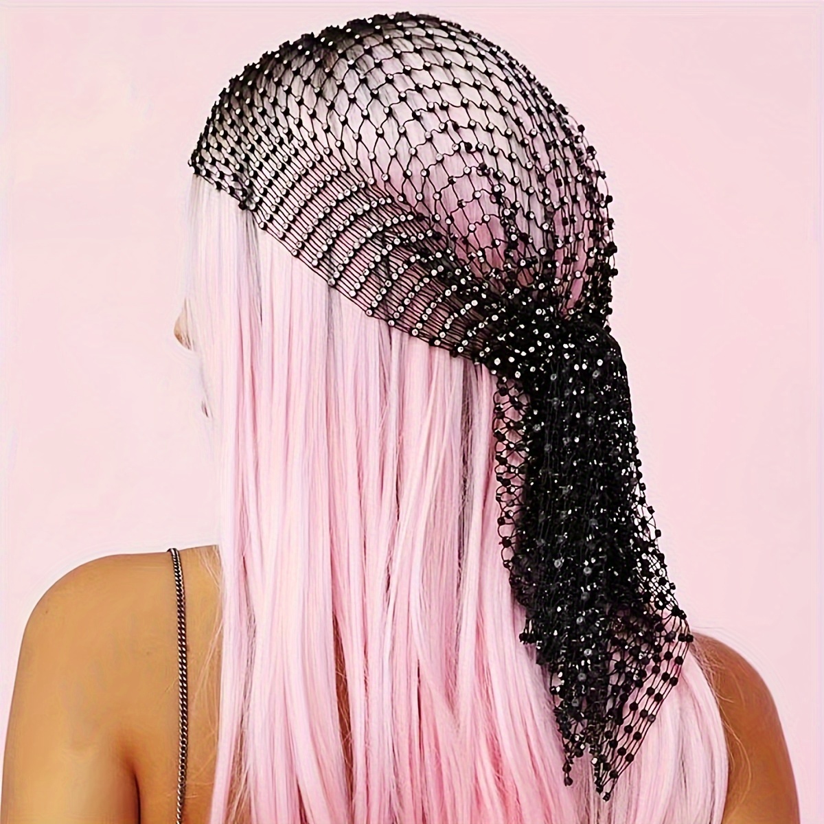 TEMU Rhinestone Fishnet Headband In Black, Y2k Party Style, Decorative Veil   For Vacation & Outdoor Events, Trendy Hair Accessory For Women