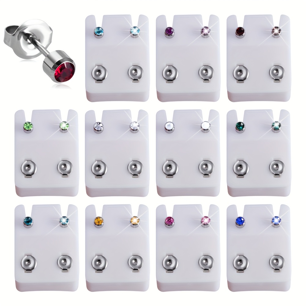 12 Pairs Birthstone Stud Earrings, Synthetic Zirconia