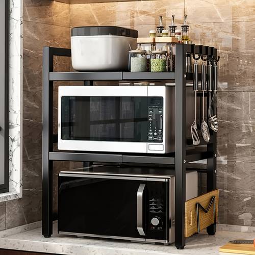 expandable 3 tier microwave oven rack with 6 hooks adjustable stainless steel kitchen storage rack rack used for organizing kitchen countertops standing shelf standing shelf