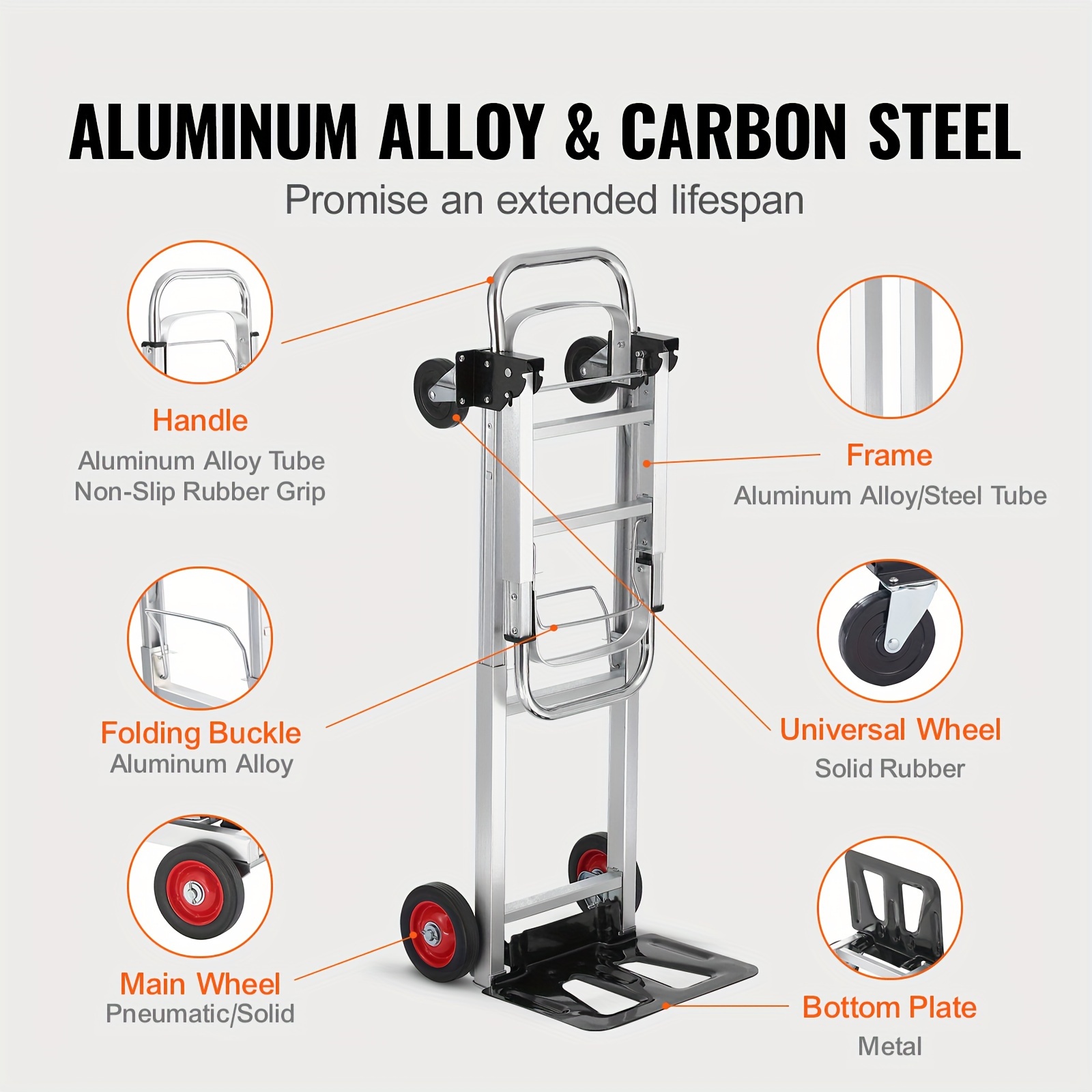  aluminum folding hand truck 2 in 1 design 400 lbs capacity heavy duty industrial collapsible cart with rubber wheels for transport and warehouse supermarket garden details 6
