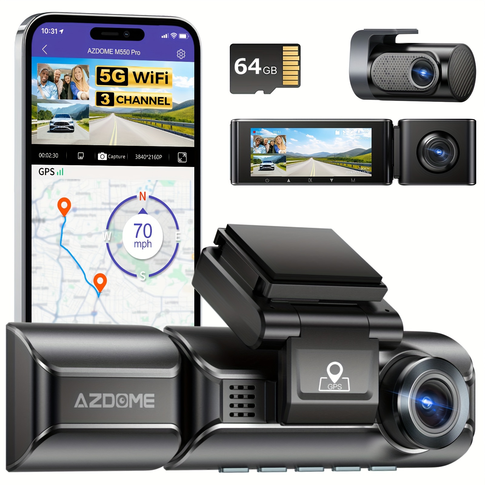 

Azdome 5g 3 4k Cam For Car, Free 64gb And Rear 3.19" Ips , And Rear 2k+1k+1k Or 4k+1k , 360° Rotating Rear , -in Gps, , , , 24h , Installation