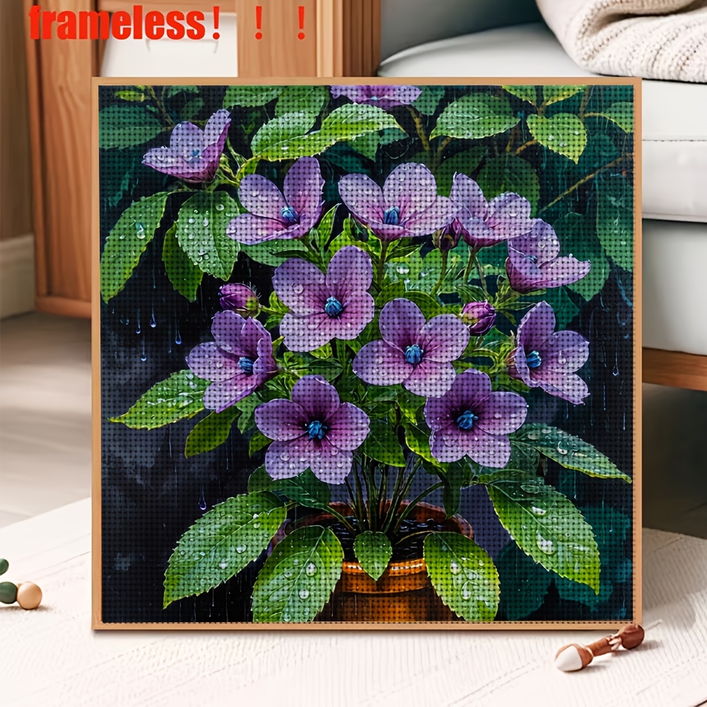 Frameless Cross Stitch Kit Featuring Purple Flowers with Raindrops in Pot