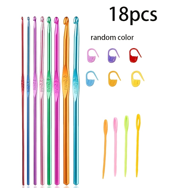 E-shop 18-teiliges Häkelset, 8-teilige Häkelnadeln (2mm-5,5mm) farbige Aluminiumoxid-Einzelloch-Strick- Häkelnadeln, DIY-Strickwerkzeuge, Häkelset,