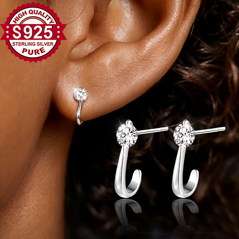 Women's S925 Silver Arched Hook Earrings with Sparkling Zirconia