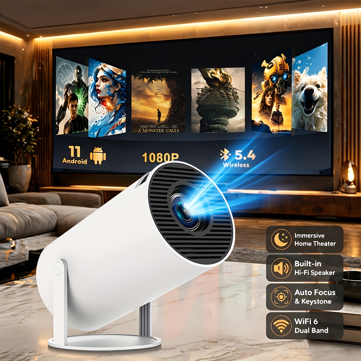 Mini Smart Projector Hy300pro, 720p Native, Supports Wifi 6 And Bt5.3, Compatible With 11, Works With Hd Devices, Smartphones & Laptops, Ideal For & Outdoor Projection
