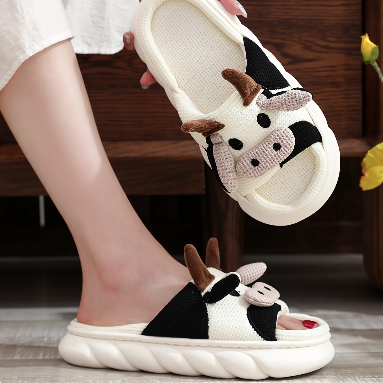 Zapatillas Casa Mujer Diseño Vaca Lindo Suela Gruesa Lino 1