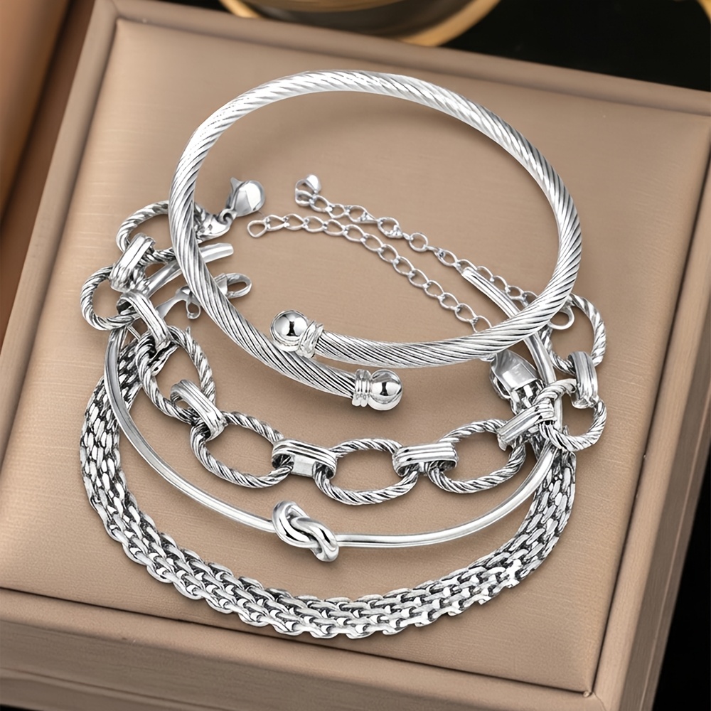 TEMU Conjunto de 4 pulseras de acero inoxidable para mujer, estilo retro texturizado, anillo de cadena gruesa, estilo con nudo, estilo de cadena y