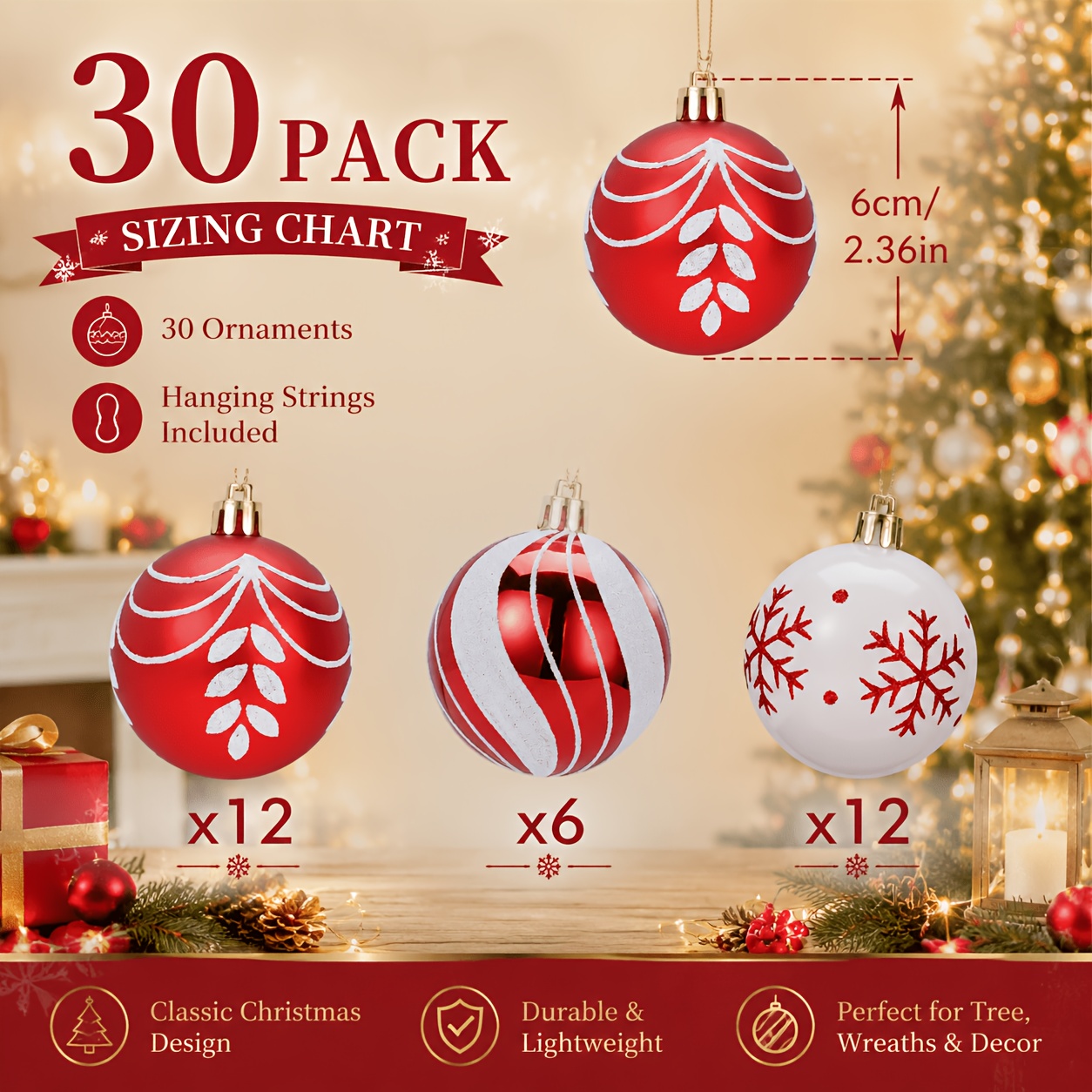 Image of 30ct 2.36 Inch Christmas Tree Balls Ornaments, Colored Shatterproof Plastic Decorative Baubles Decorations For Christmas Decorations, Christmas Home Decor, Christmas Gifts (red & Golden, , 60mm)