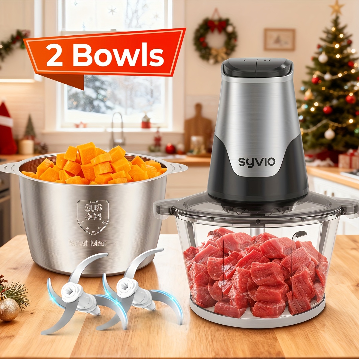 TEMU Syvio 450w Food Processors With 2 Bowls, Meat Grinder 4 , Mini Electric Food Chopper, For Baby Food, Meat, Onion, Vegetables Chopper, 2 Speed, Christmas Gifts