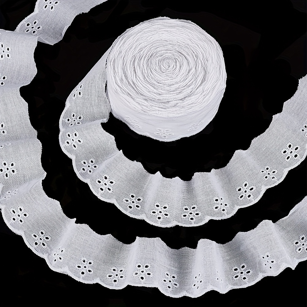 Image of 15 Yards Lace Trim, 1.5 Inch Wide White Eyelet Ribbon Floral Embroidery Ruffle With Wavy Edge For Sewing Dresses Bags Crafts Clothes