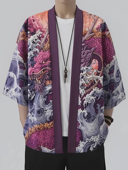 mens kimono cardigan shirt loose casual open front vintage king pattern print suitable for at home or out multiple sizes relaxed fit detail design chinese size please check