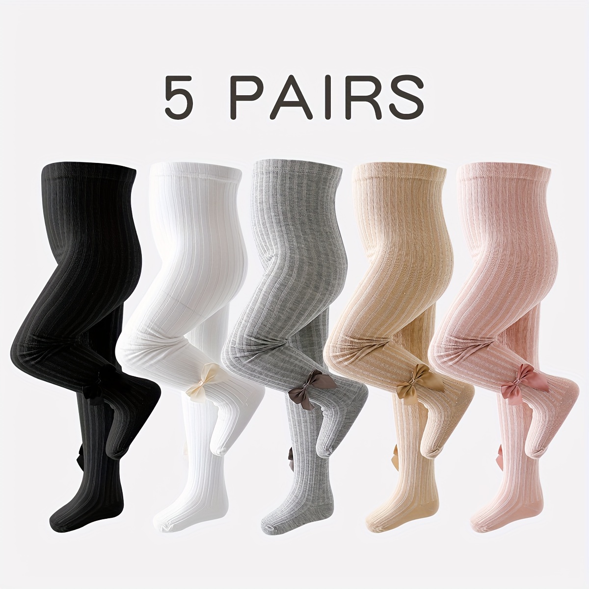 

5pcs Girls' Stretchy Leggings With Bowknot - Solid Color Tights For All , Outdoor & Birthday Parties